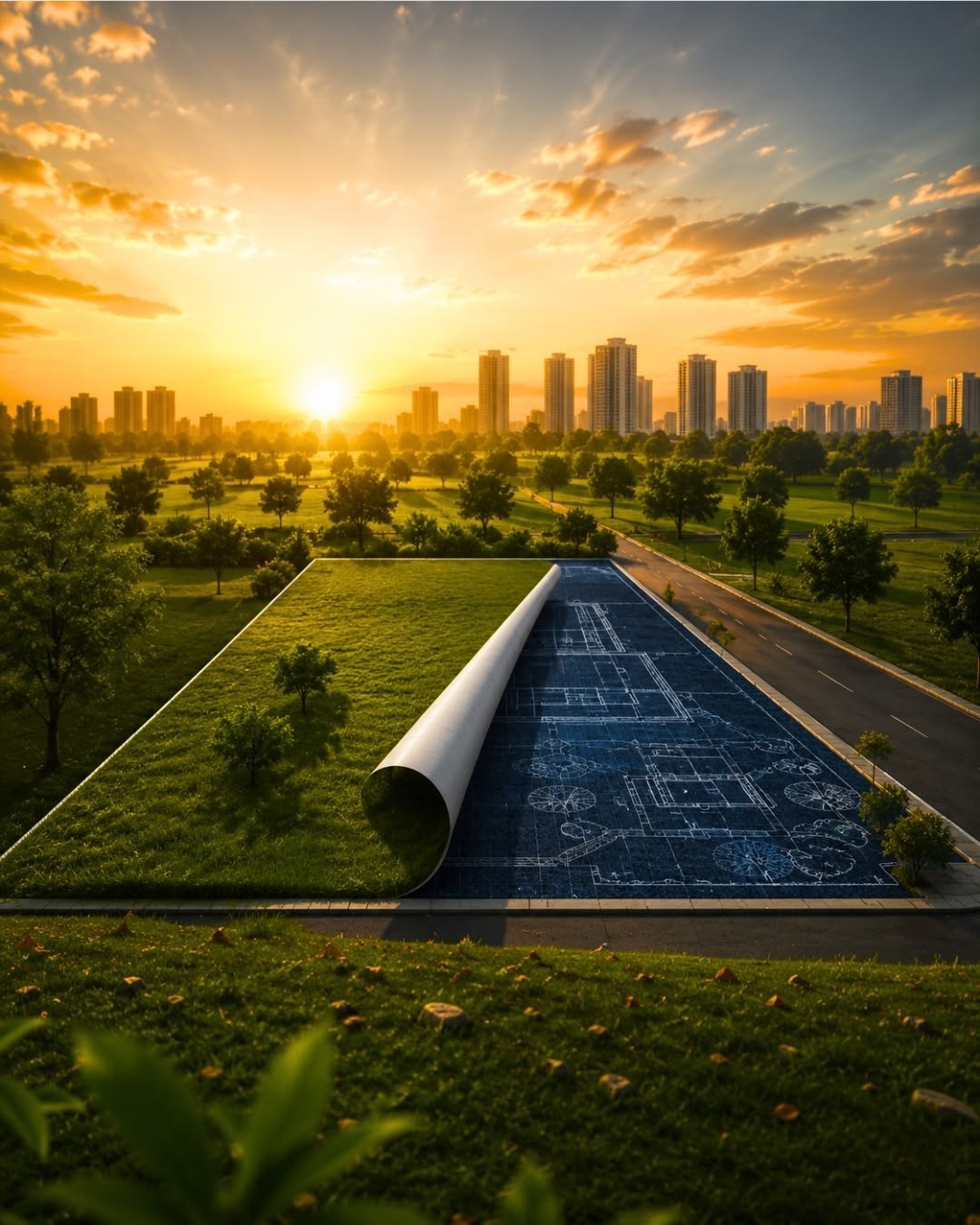 Blueprint unrolling across green land with city towers at sunset