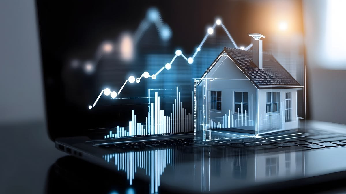 House model with rising market charts over a laptop