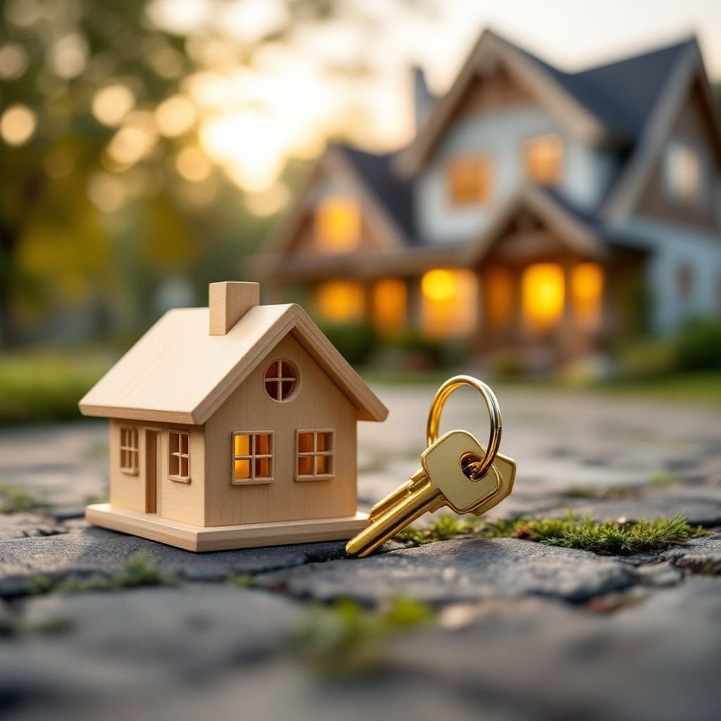 Wooden house model and golden key in front of a lit home